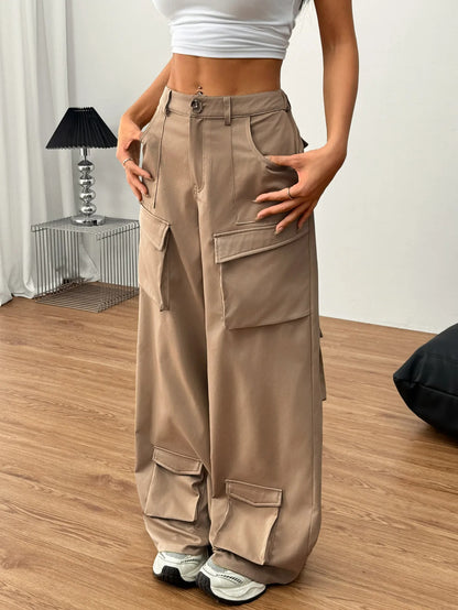 Pantalones cargo para mujer de algodón con bolsillos utilitarios estilo ancho - Abril