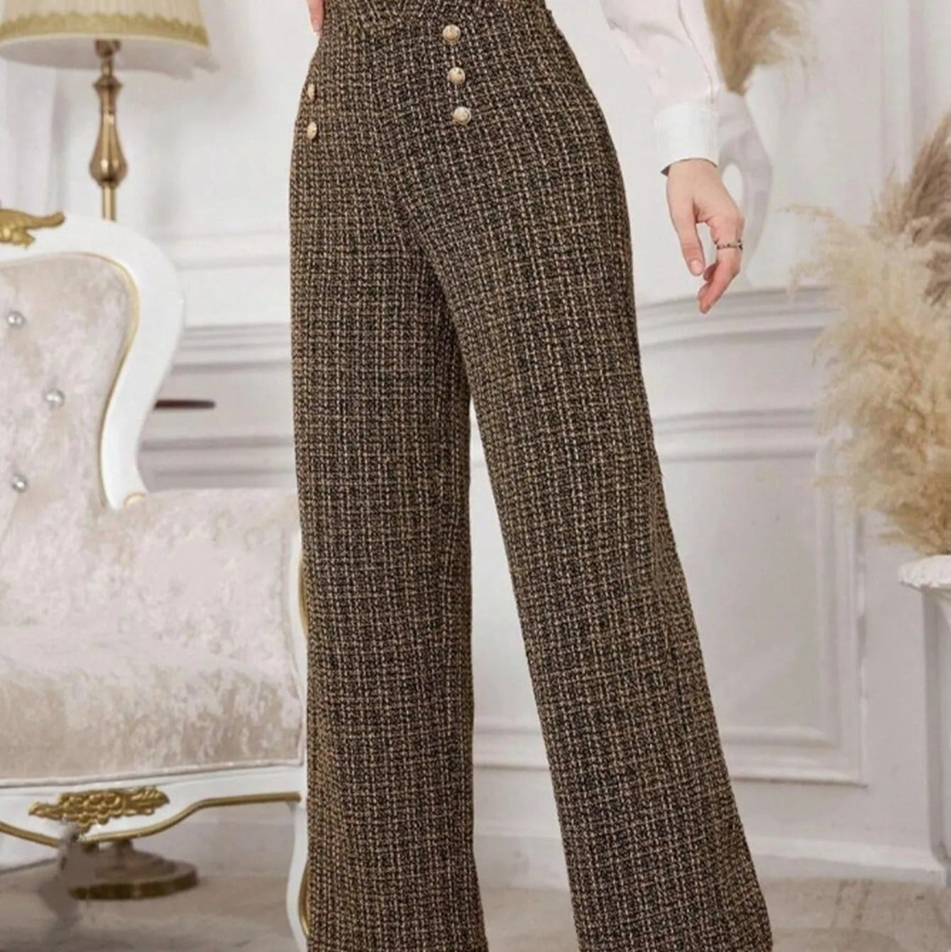 Pantalón mujer tweed tiro alto botones decorativos – Noémie