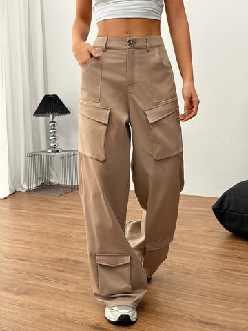 Pantalones cargo para mujer de algodón con bolsillos utilitarios estilo ancho - Abril