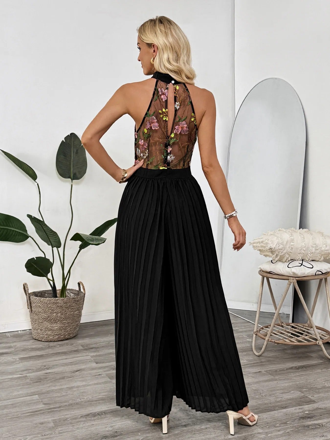 Mono para mujer con encaje bordado floral estilo palazzo - Irma