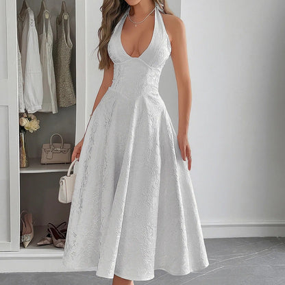 Vestido midi para mujer jacquard elegante escote halter - Mireille