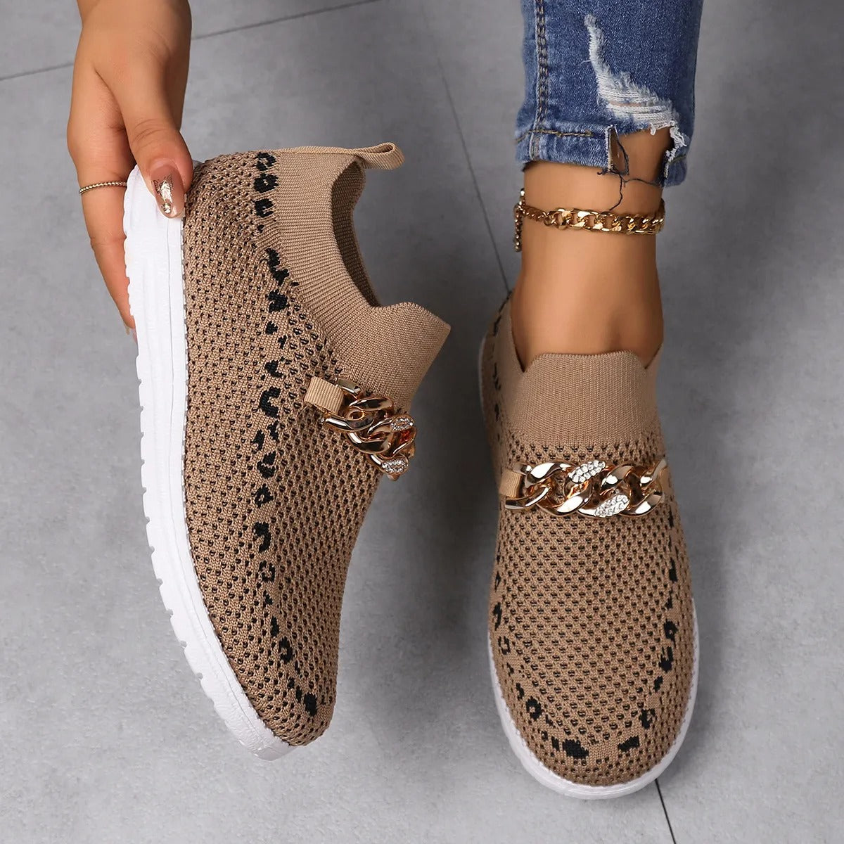 Zapatillas casuales para mujer tejido transpirable con cadena decorativa - Mariela