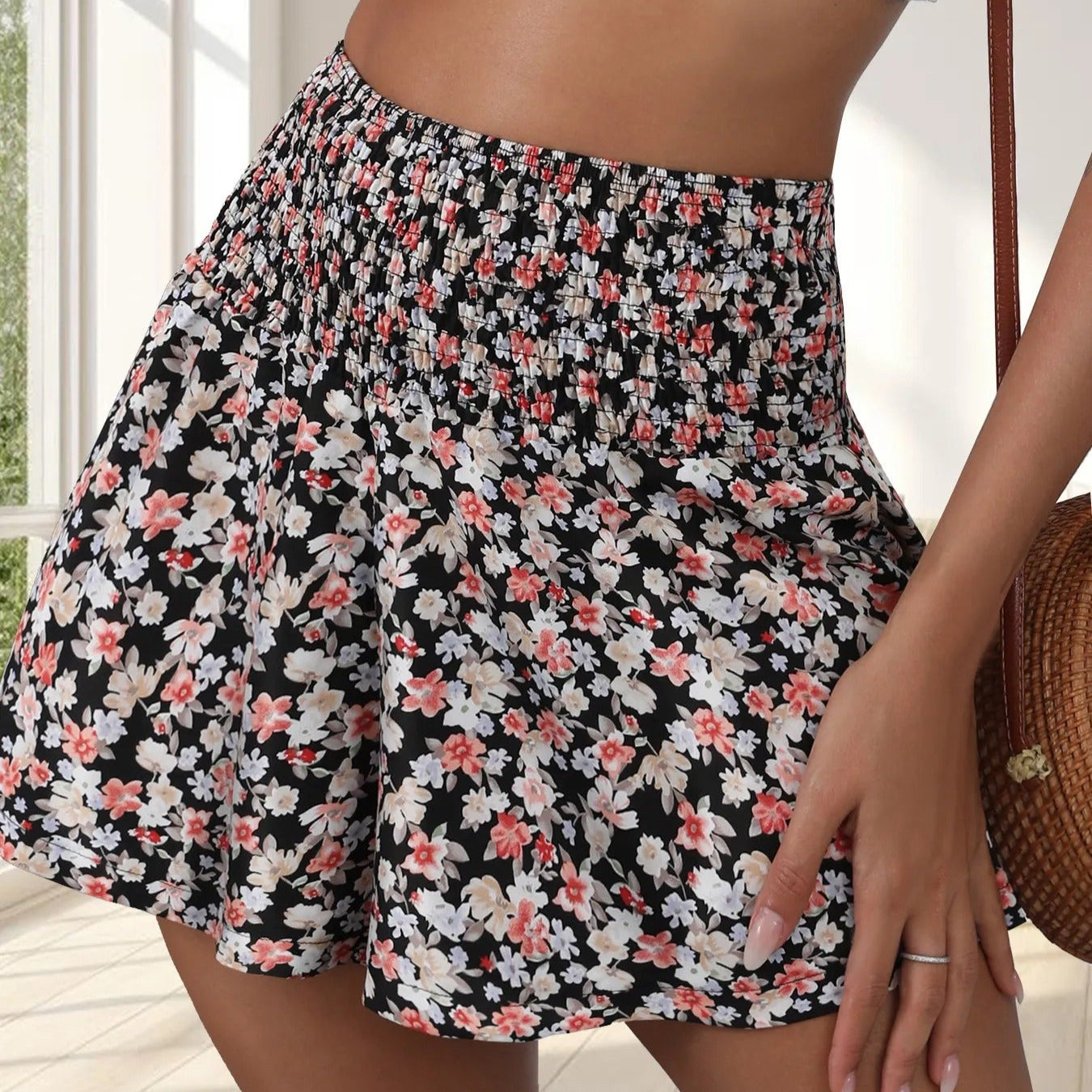 Pantalones cortos para mujer con estampado floral cintura fruncida - Lorea