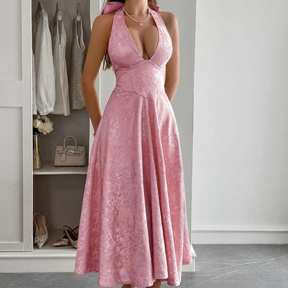 Vestido midi para mujer jacquard elegante escote halter - Mireille