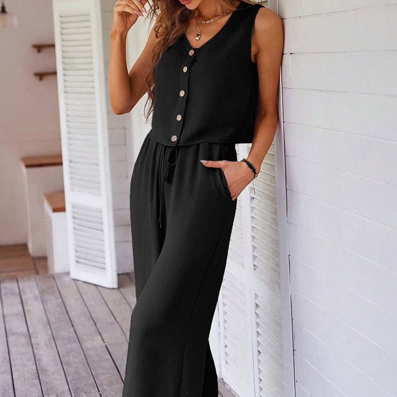 Conjunto sin mangas mujer fluido botones y pantalón palazzo - Ámbar