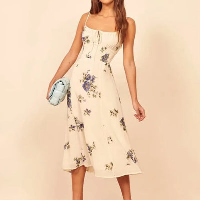 Vestido midi para mujer floral con tirantes finos y fruncido en cintura - Isadora