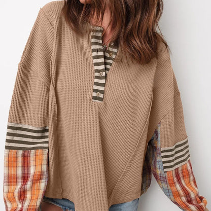 Sudadera mujer estilo patchwork manga a rayas y cuadros - Leona