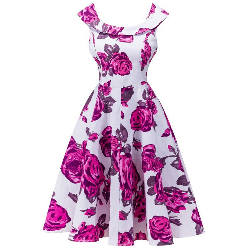 Vestido midi para mujer floral escote barco estilo acampanado - Brigitte