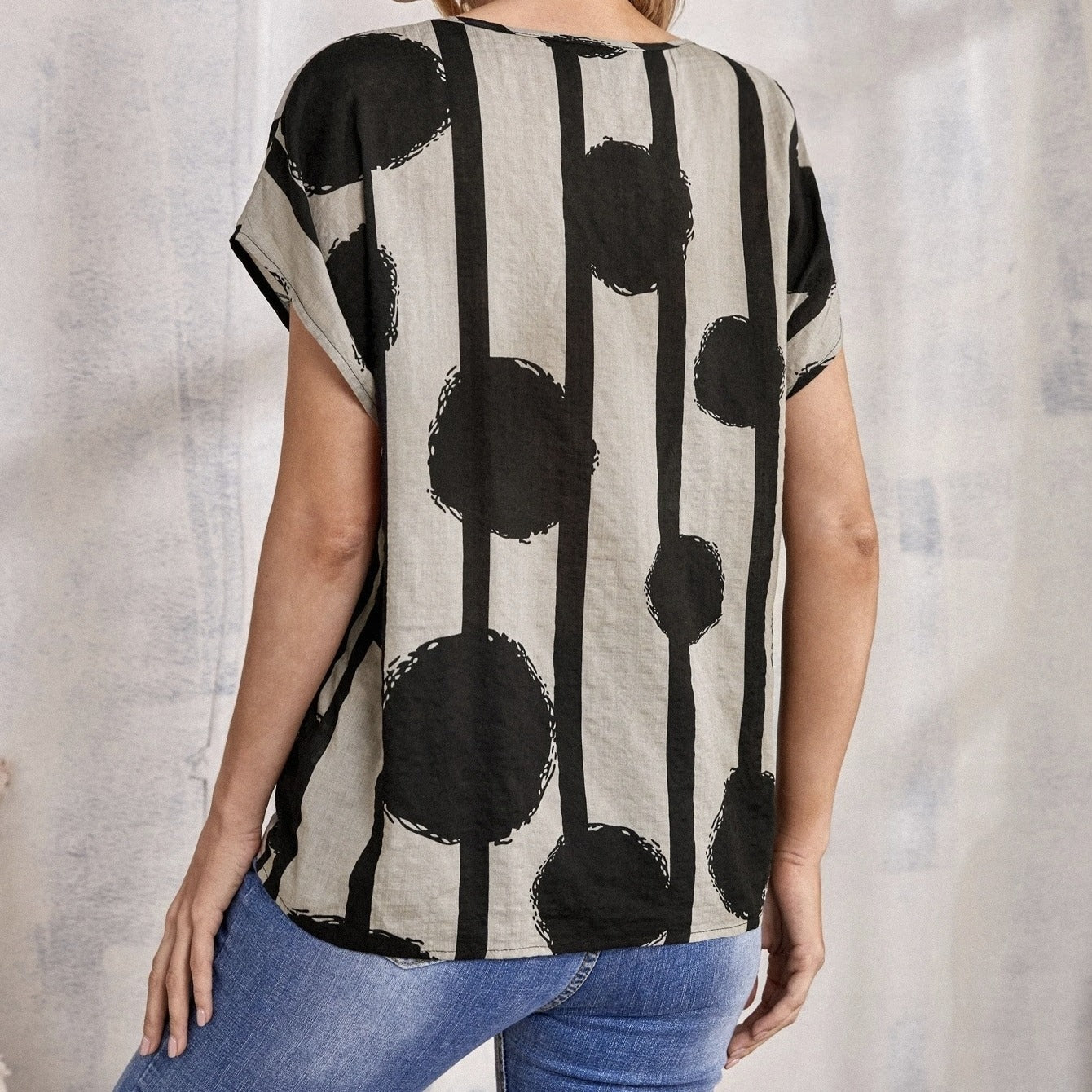 Blusa para mujer de lino suave estampado gráfico relajado - Nadège