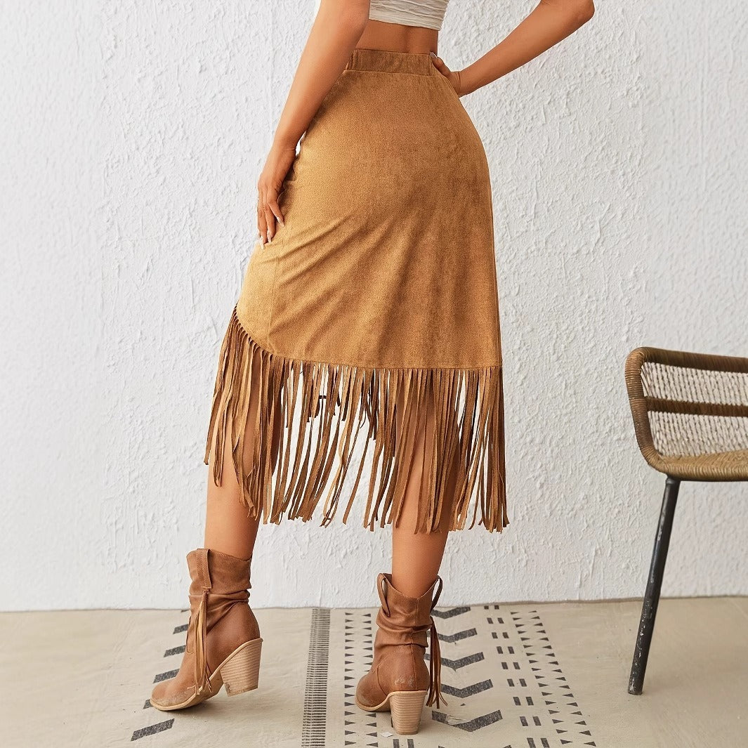 Falda midi para mujer antelina con flecos estilo bohemio - Samira