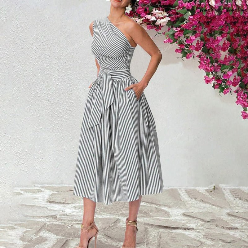 Vestido midi para mujer de rayas finas escote asimétrico - Berenice