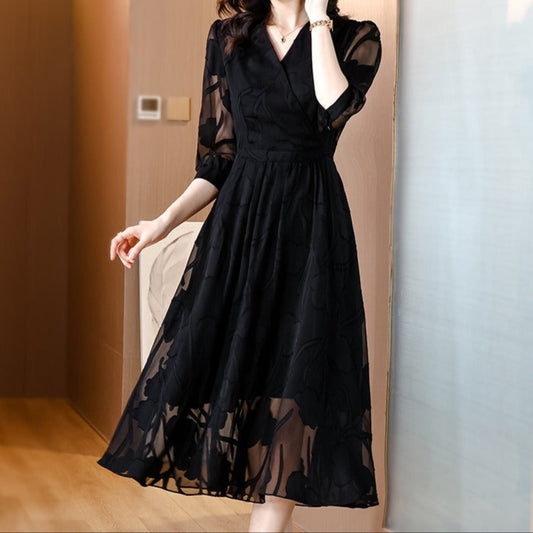 Vestido midi para mujer gasa floral mangas transparentes - Annelise