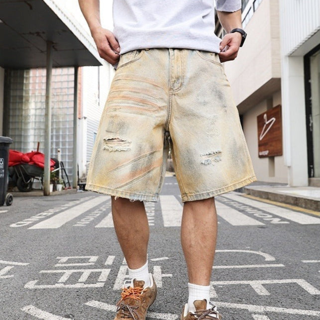 Pantalones cortos hombre denim desgastado de pierna ancha - Elías