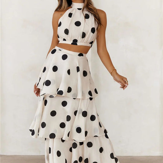 Conjunto mujer lunares top halter y falda larga volantes - Keyla