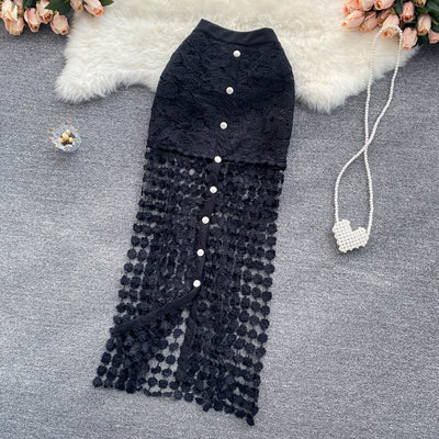 Falda larga para mujer de encaje con detalles florales y botones corte recto - Solène