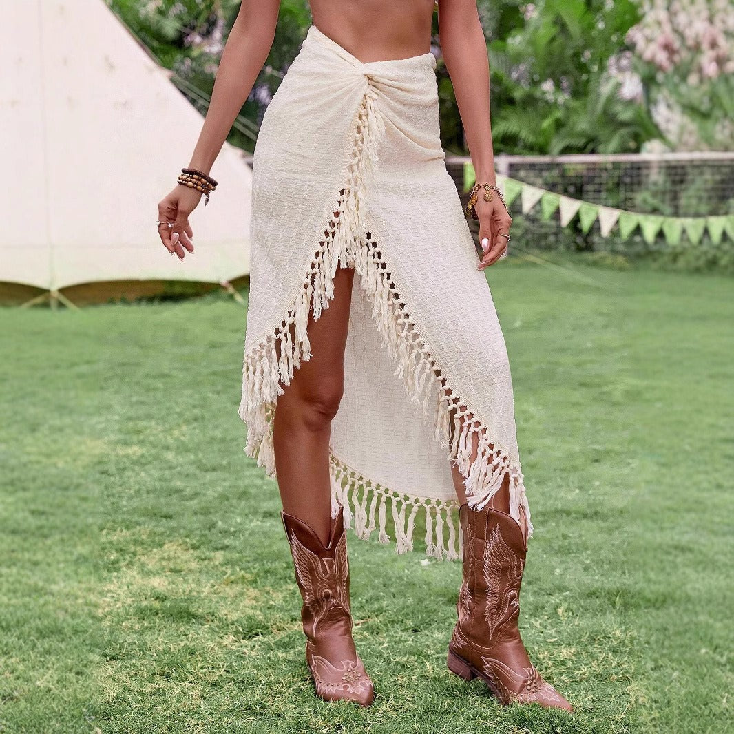 Falda pareo mujer con flecos asimétrica - Amaya