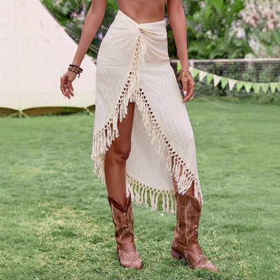 Falda pareo mujer con flecos asimétrica - Amaya