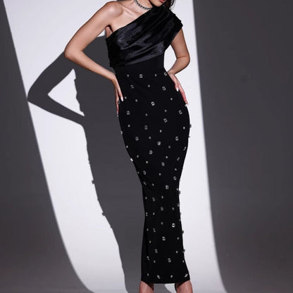 Vestido largo para mujer con pedrería escote asimétrico estilo elegante - Vianey