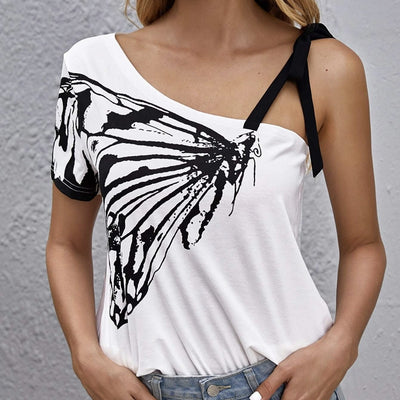 Blusa para mujer de algodón estampado mariposa tirante asimétrico - Nerea