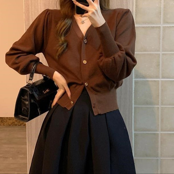 Cárdigan mujer manga abullonada escote en V estilo retro - Odile
