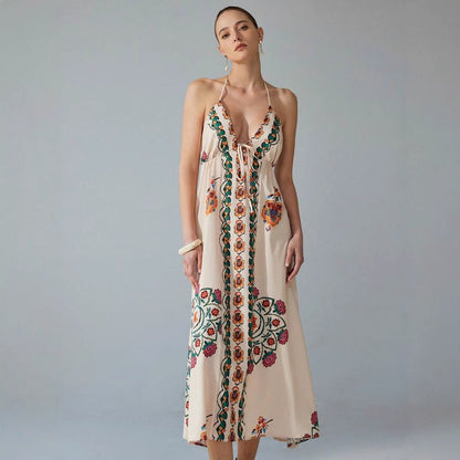 Vestido largo escote halter bordado floral - Elara