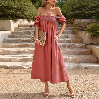 Vestido largo para mujer escote bardot nido de abeja estilo bohemio – Dafne