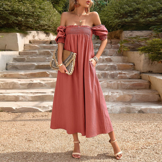 Vestido largo para mujer escote bardot nido de abeja estilo bohemio – Dafne