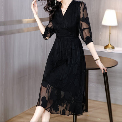 Vestido midi para mujer gasa floral mangas transparentes - Annelise