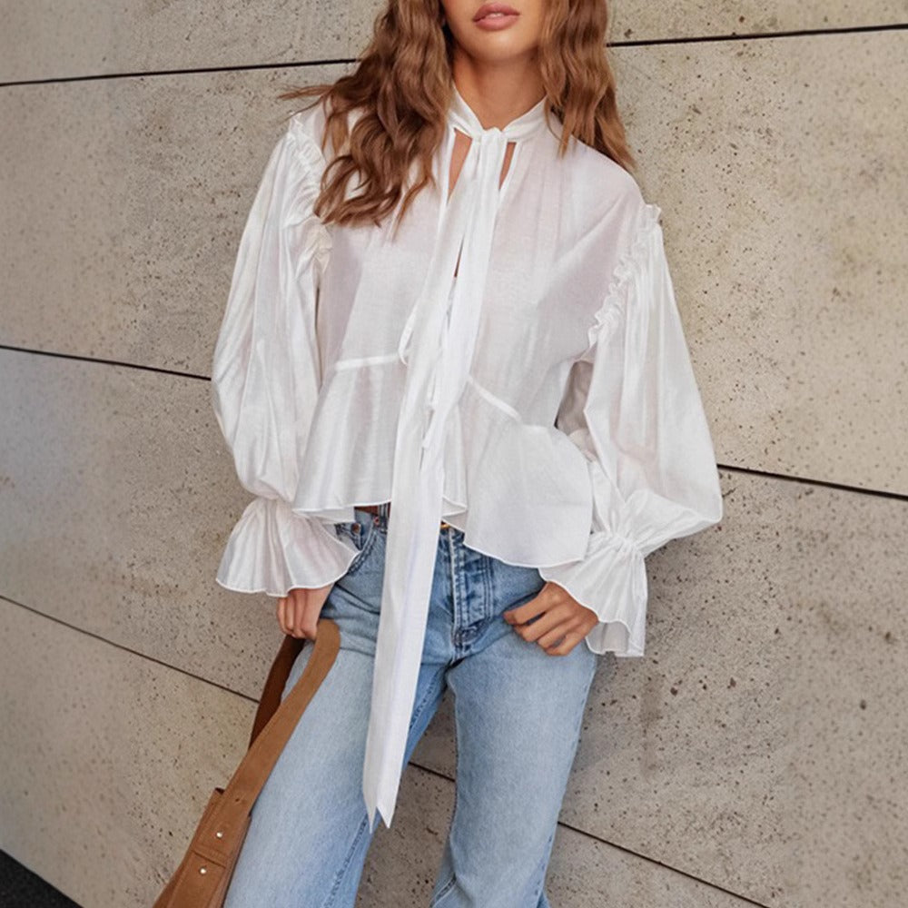 Blusa manga larga para mujer de algodón con lazo cuello estilo romántico - Céleste