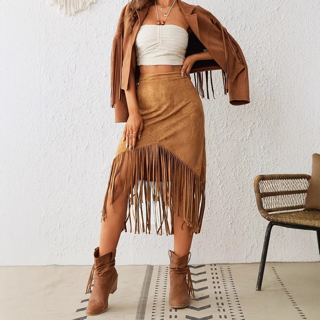 Falda midi para mujer antelina con flecos estilo bohemio - Samira