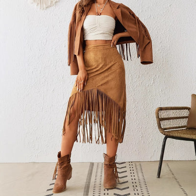 Falda midi para mujer antelina con flecos estilo bohemio - Samira