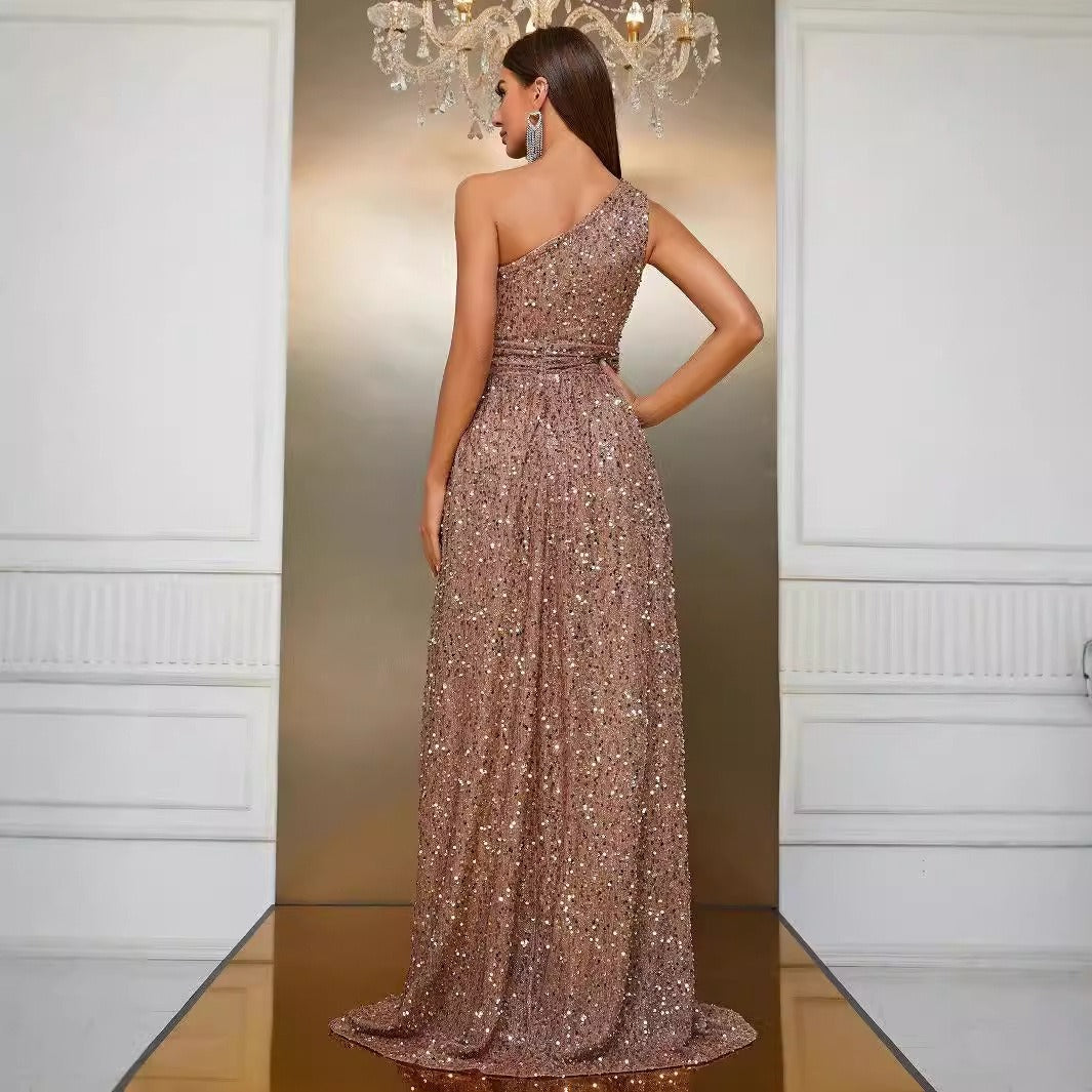 Vestido largo para mujer de lentejuelas con un hombro abertura elegante - Antonella