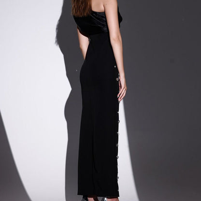Vestido largo para mujer con pedrería escote asimétrico estilo elegante - Vianey