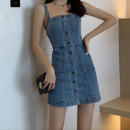 Vestido corto denim con botones y tirantes ajustados - Ninfa