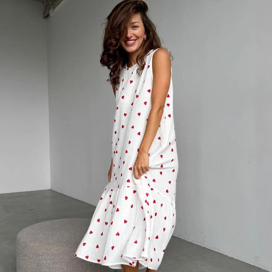 Vestido largo para mujer de algodón estampado corazones estilo sin mangas - Mieke