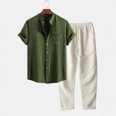 Conjunto camisa para hombre de lino cuello mao y pantalón recto - Mauro