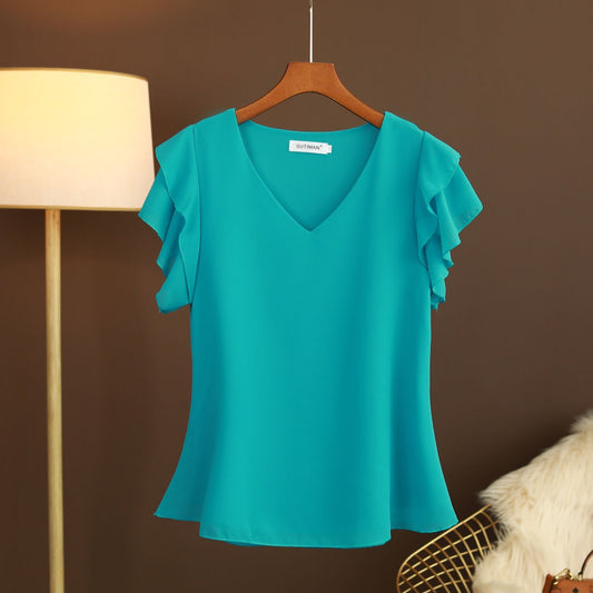 Blusa para mujer de gasa ligera con mangas de volantes escote en pico - Elvira
