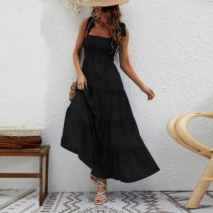 Vestido largo para mujer de tirantes anudados nido de abeja - Estrella