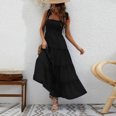 Vestido largo para mujer de tirantes anudados nido de abeja - Estrella