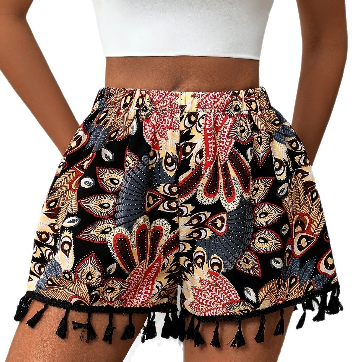 Shorts mujer tiro alto estampado bohemio con borlas - Naïra