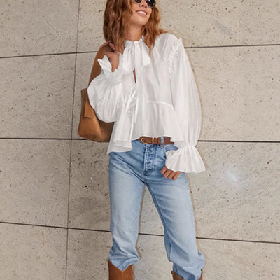 Blusa manga larga para mujer de algodón con lazo cuello estilo romántico - Céleste