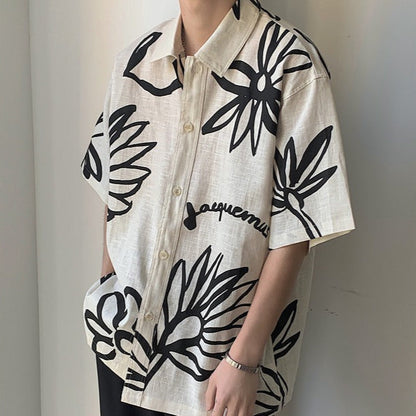 Camisa para hombre de manga corta lino diseño floral artístico - Jörg