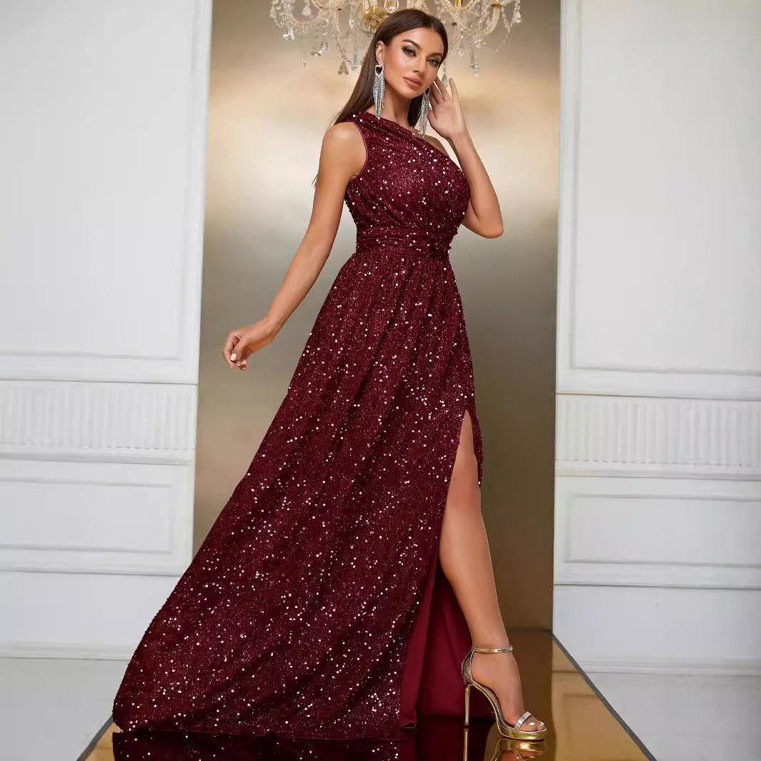 Vestido largo para mujer de lentejuelas con un hombro abertura elegante - Antonella