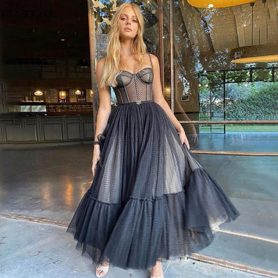 Vestido largo para mujer de tul bordado corsé estructurado - Celeste