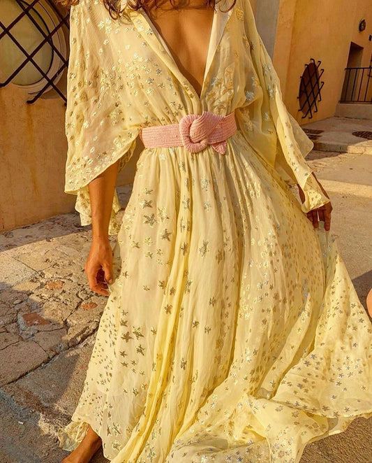 Vestido largo mujer con bordado floral metalizado - Gabriela
