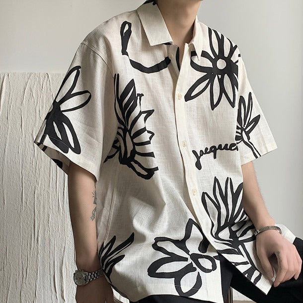 Camisa para hombre de manga corta lino diseño floral artístico - Jörg