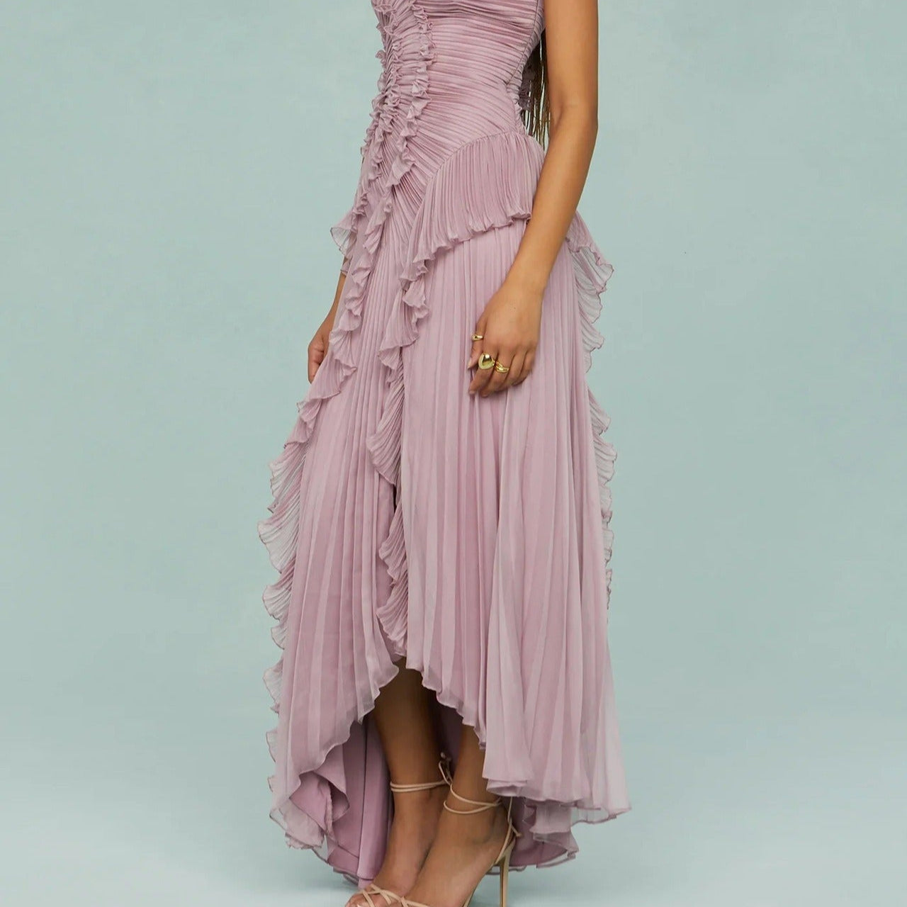 Vestido largo mujer gasa plisada asimétrico elegante - Violeta