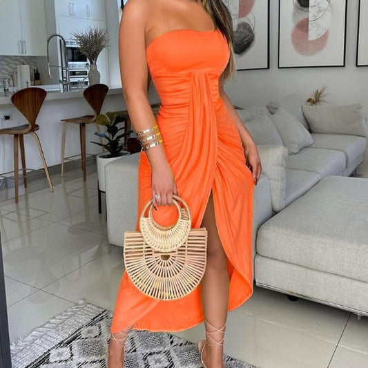 Vestido midi para mujer drapeado diseño cruzado de estilo bandeau - Camila