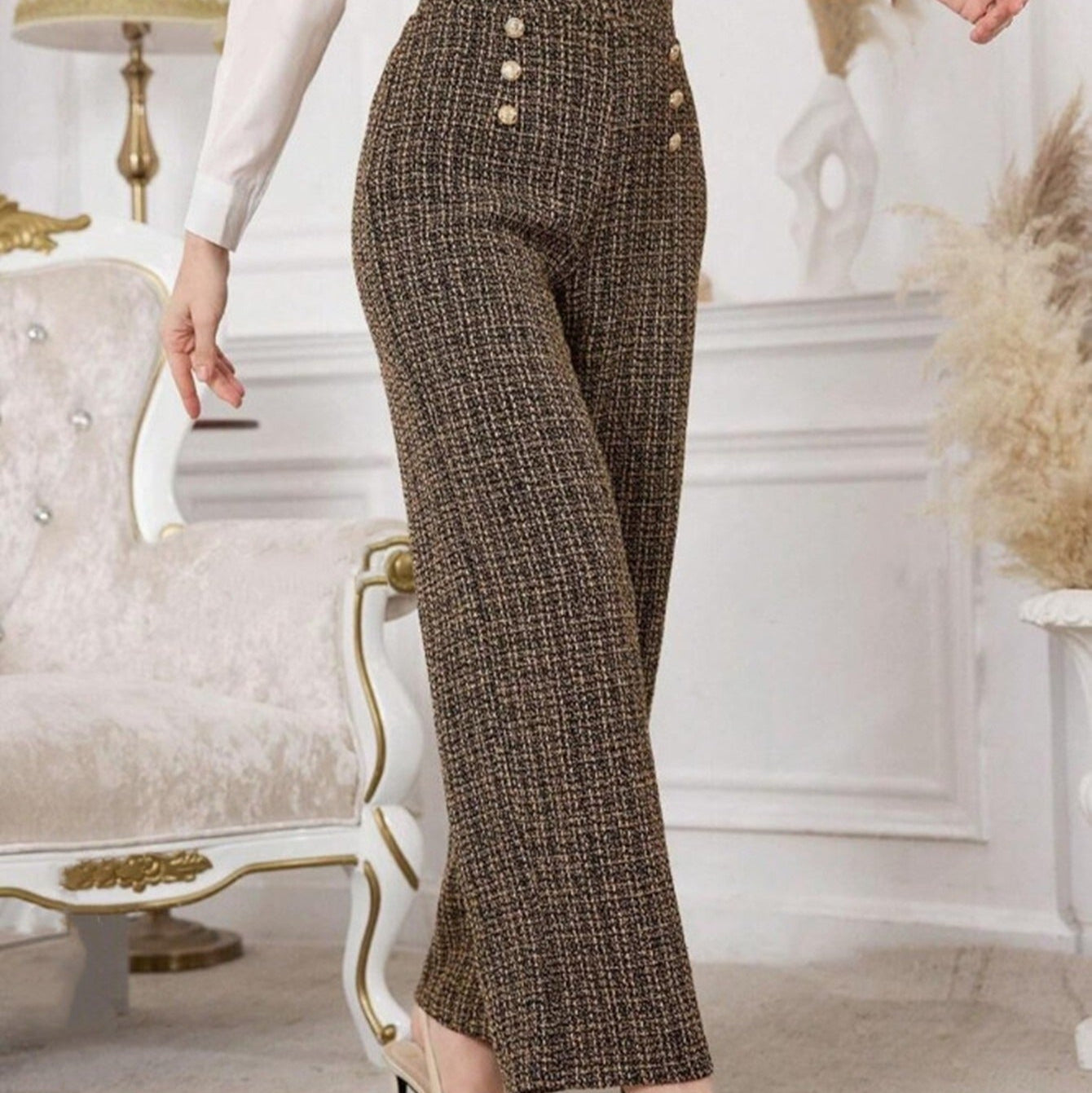 Pantalón mujer tweed tiro alto botones decorativos – Noémie