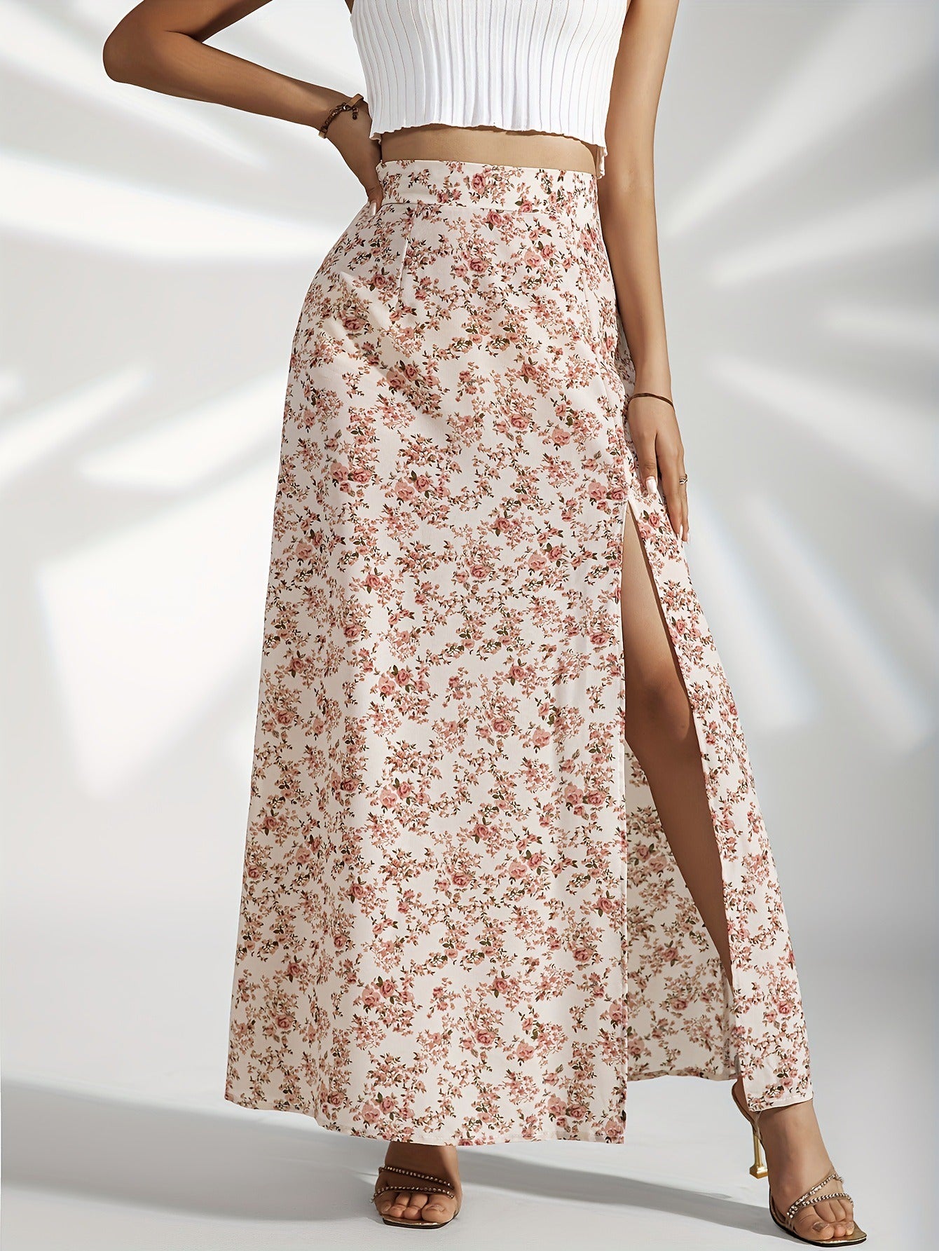 Falda larga mujer floral con abertura lateral - Celeste